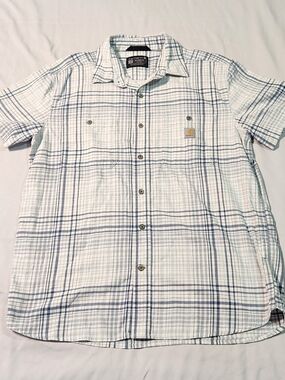 Carhartt Men’s Short Sleeve Plaid Button-Up Shirt - White/Blue LARGE